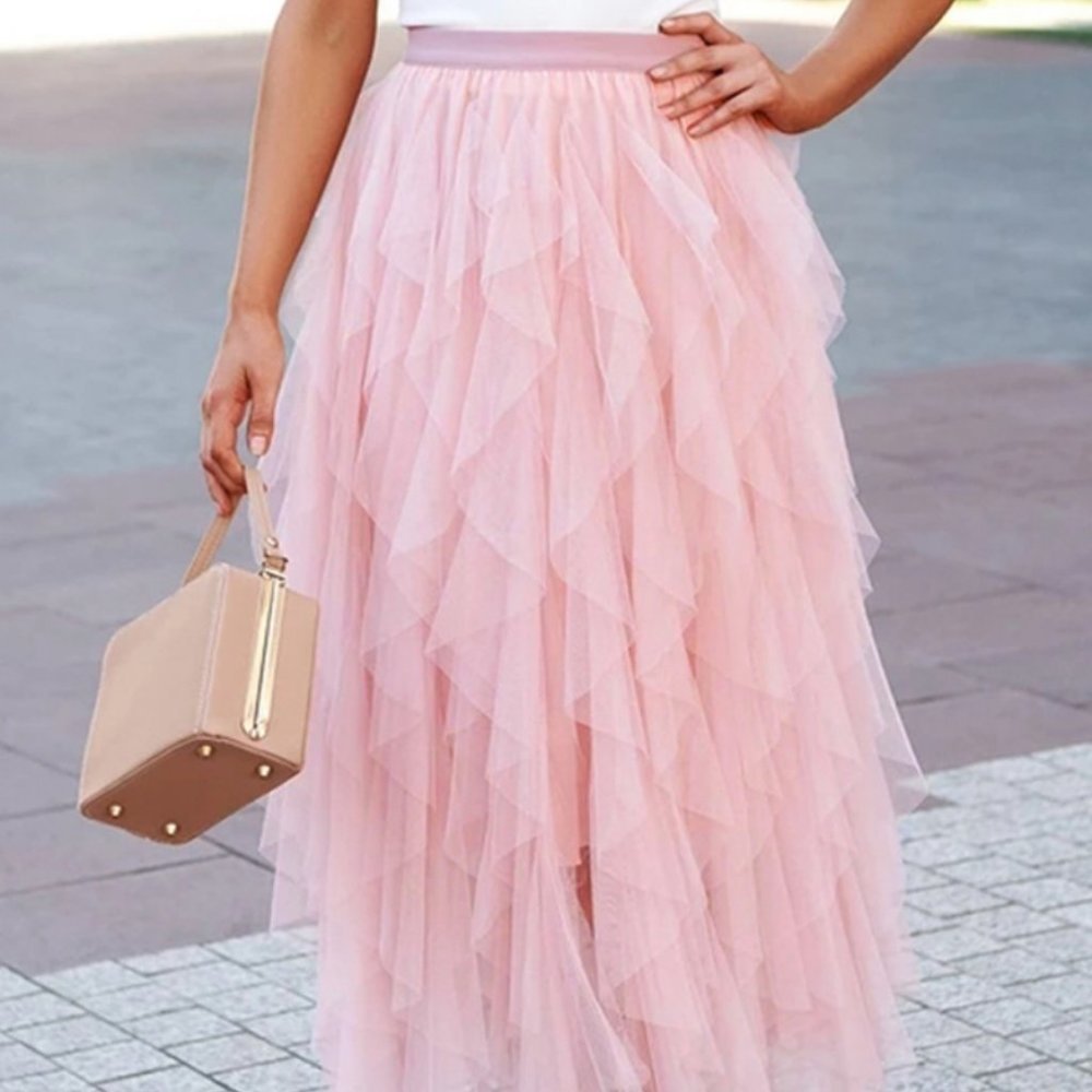 New Plus Size Women's Pink Tulle Skirt Elastic Waist Ruffled Layers 1X 2X - Picture 4 of 6